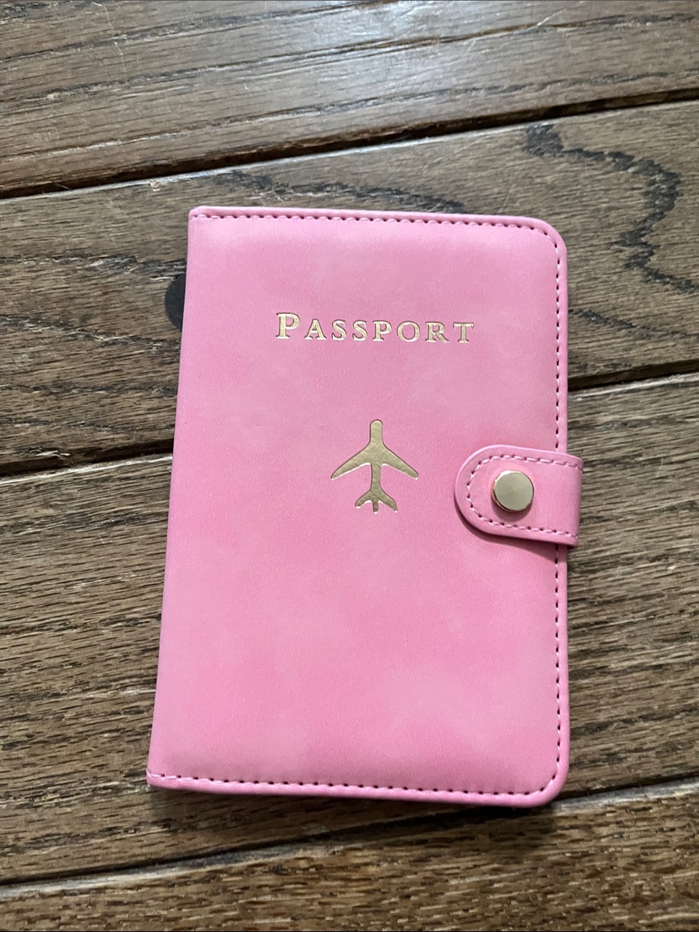 Pink Passport Holder with Gold Airplane Accent
